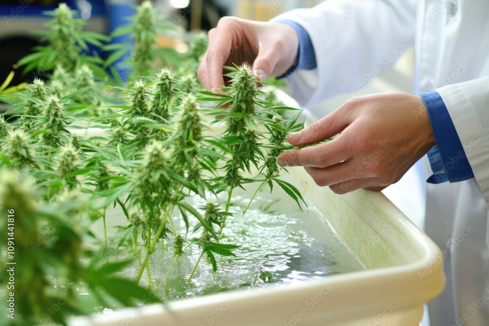 Poster a scientist in a lab coat works on a plant, focusing on its details