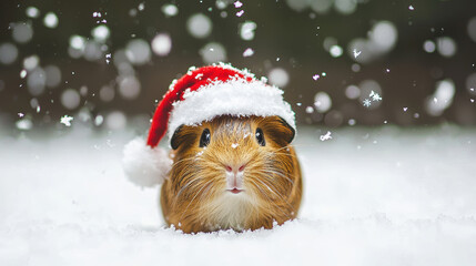 fluffy guinea pig wearing tiny Santa hat sits in snow, surrounded by falling snowflakes, creating festive and cheerful winter scene