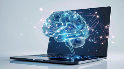 AI theme. Digital brain connected by cable to a laptop on a white background. Artificial intelligence concept.