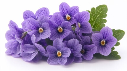 A cluster of vibrant purple violets with green leaves, showcasing natural beauty.