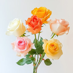 Fototapeta premium vibrant bouquet of yellow, orange, and pink roses, showcasing their delicate petals and lush green leaves, evokes sense of joy and beauty