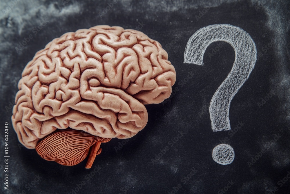 Poster a brain and a question mark written on a chalkboard, perfect for educational or intellectual themes