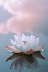 A single white flower floats on the surface of calm water