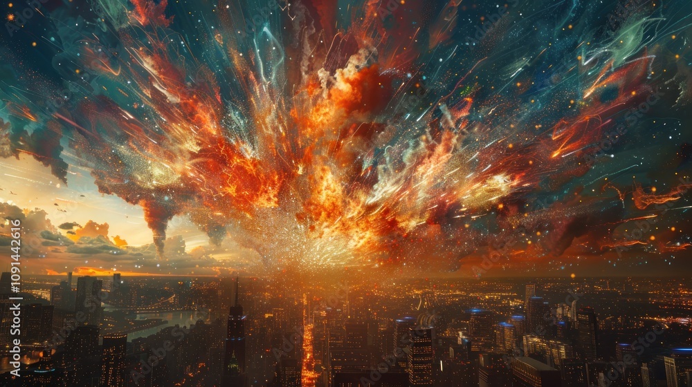 Poster a vibrant, abstract cityscape with an exploding starburst of colorful light emanating from the cente