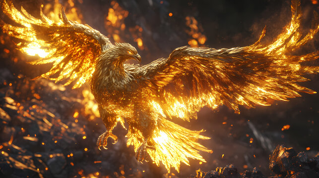 Majestic golden phoenix rising from ashes in a blaze of glory. Burning Phoenix Flight. Illustration