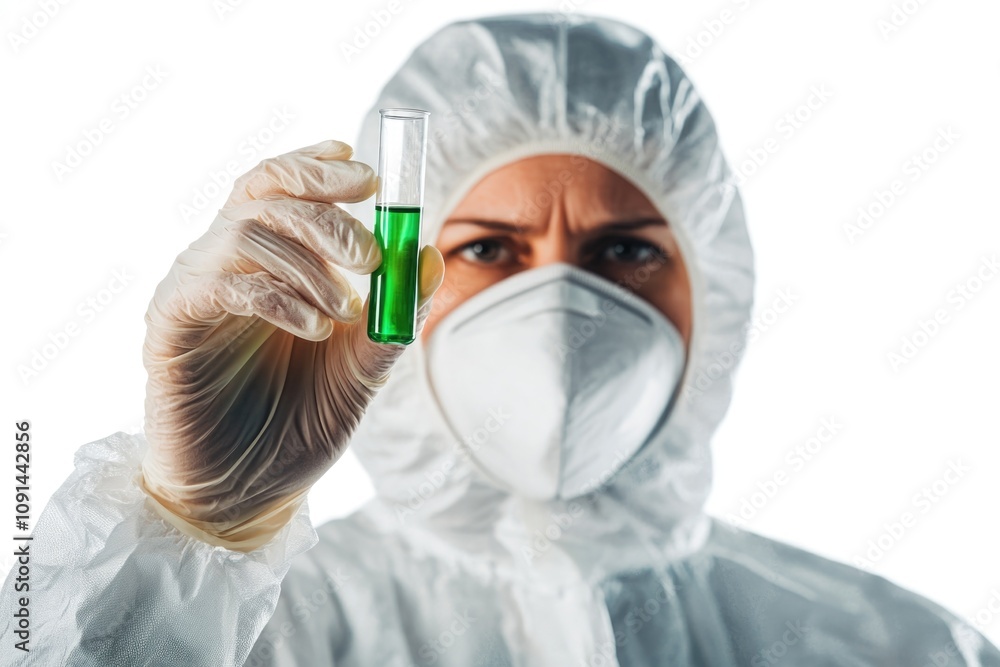 Poster a scientist holds a green liquid in a white lab coat, ready for experimentation