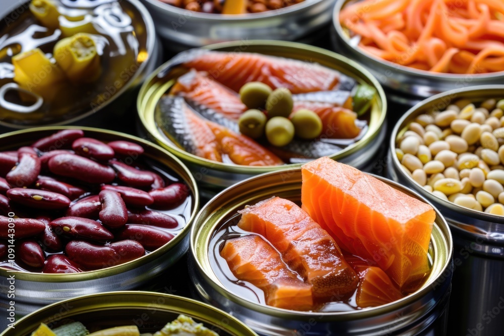 Poster tins filled with various foods for stocking up or displaying
