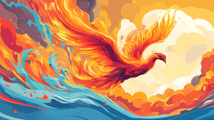 Obraz premium Fiery bird of rebirth. Burning Phoenix Flight. Illustration