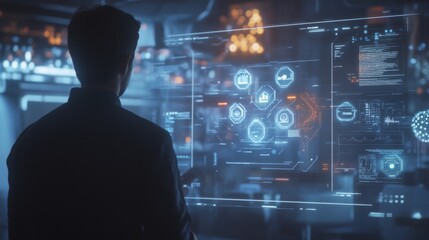 A man stands in a dark room, looking at a large, clear digital screen. The screen displays a complex interface with various digital elements, including graphs, charts, and symbols.