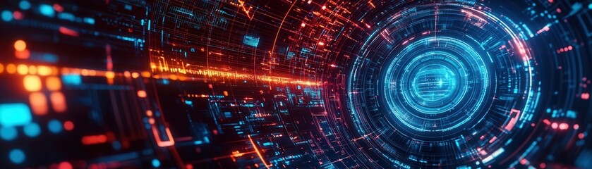 Futuristic digital abstract design featuring glowing circuits and vibrant colors, perfect for technology-themed projects.