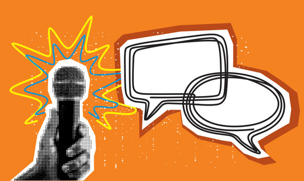 Trendy Halftone Collage with hand holding Microphone for Podcast and speech bubble. Broadcast recording. Listen to educational content. Online radio. Audio streaming service. 