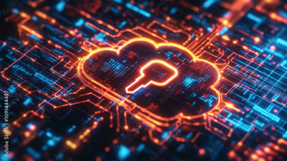 Leinwandbilder a glowing orange cloud with a key inside is depicted on a circuit board. the cloud is on a dark back