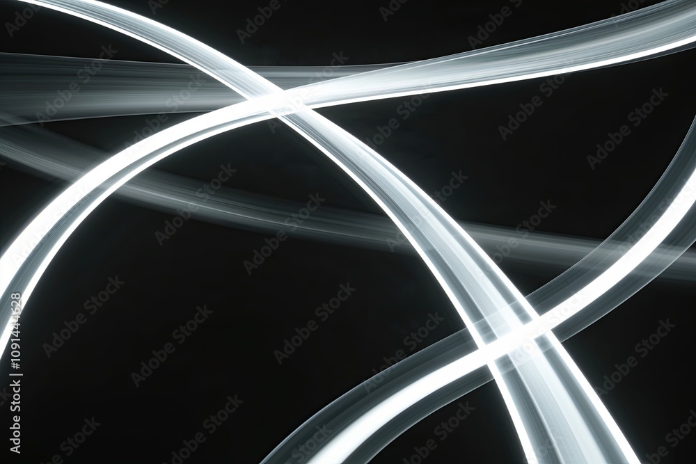 Poster luminous light ribbons with motion blur effect depicting accelerating patterns on a pitch-black back