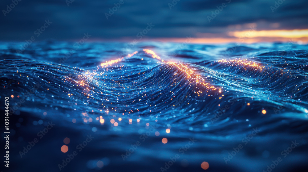 Poster mesmerizing view of glowing ocean waves illuminated by light, creating magical atmosphere. shimmerin