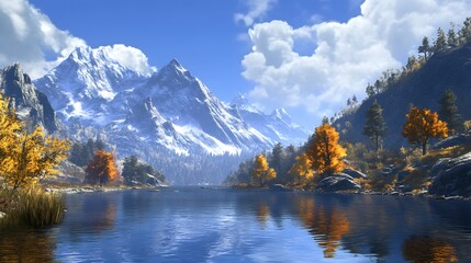Obraz premium A stunning mountain landscape with a deep blue sky and reflecting water, featuring tall peaks surrounded by dense forests under the warm autumn sun