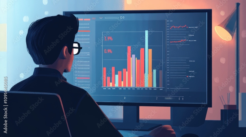 Poster a man is sitting in front of a computer monitor with a graph on it