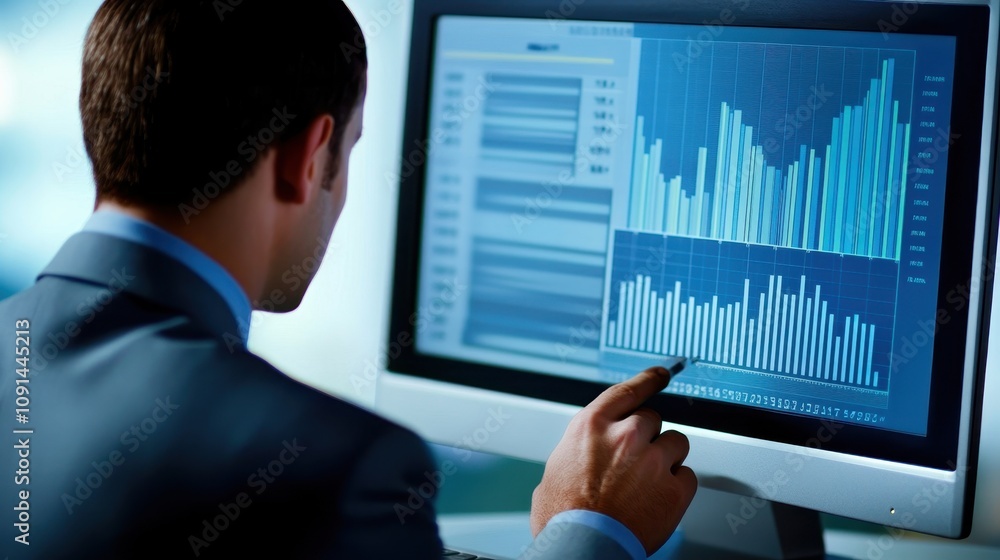 Poster a man is looking at a computer monitor with a graph on it