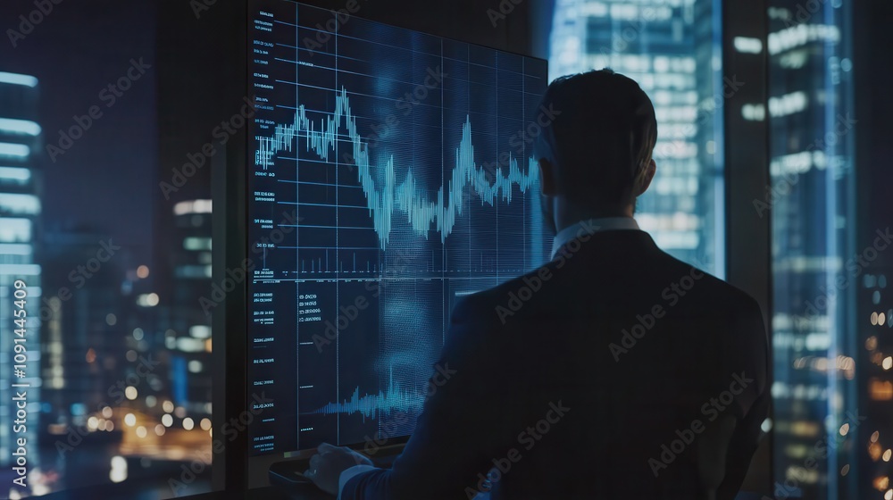 Poster a man in a suit is looking at a computer screen with a graph on it