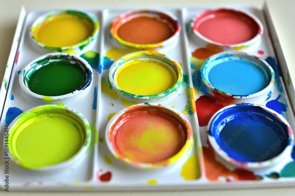 Aufkleber A detailed view of a paint tray with paints and tools on a wooden table, perfect for use in DIY tutorials or art projects