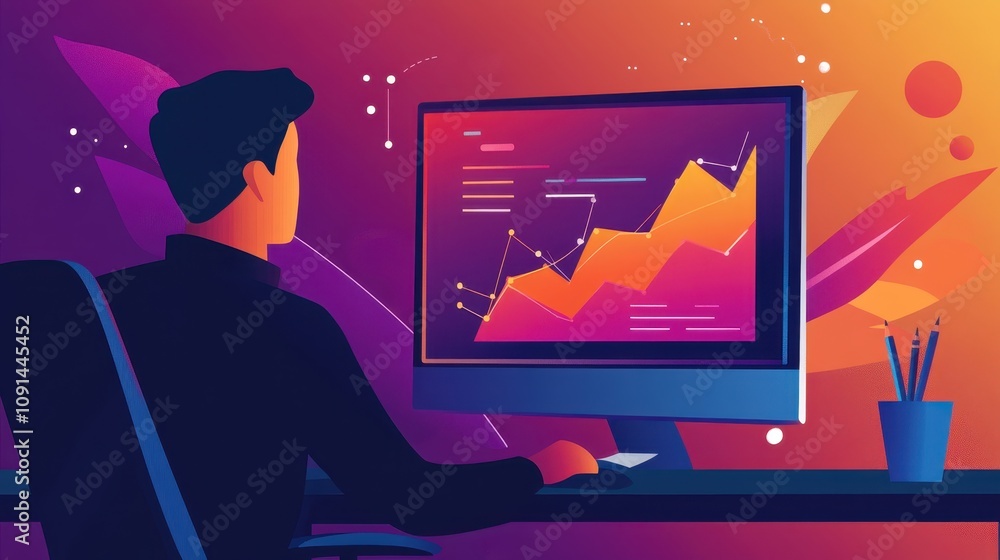 Poster a man is sitting in front of a computer monitor with a graph on the screen