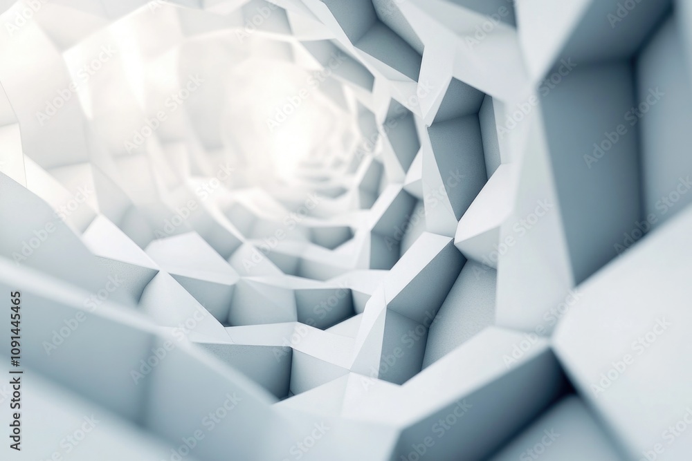 Poster A white geometric shape with a light source at its end, suitable for use in illustrations about innovation, progress or guidance