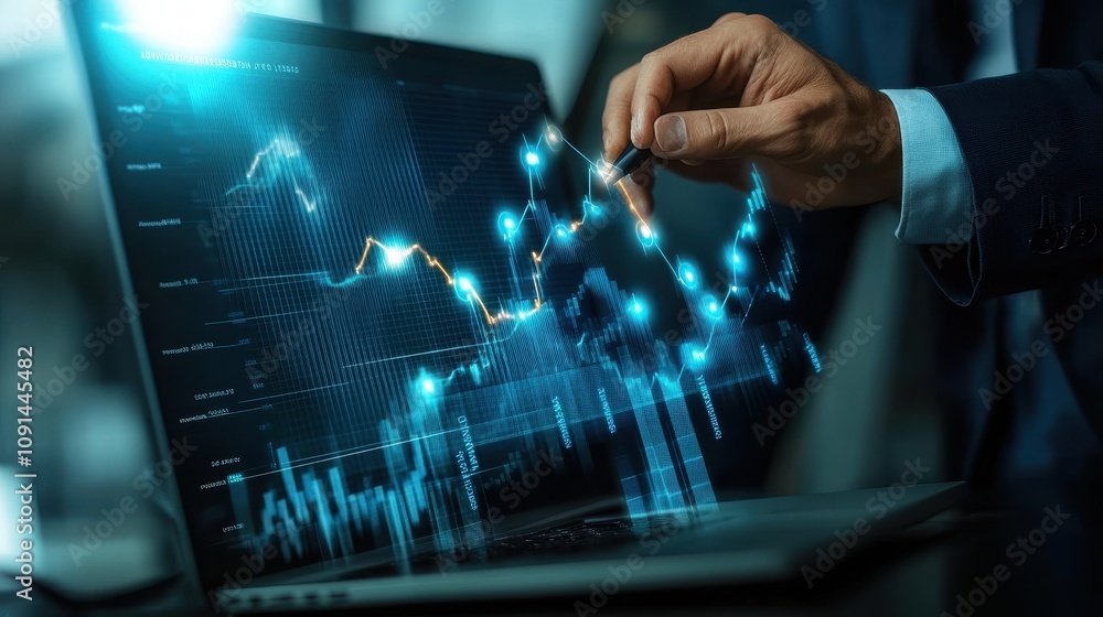 Poster a man is using a laptop to draw a graph