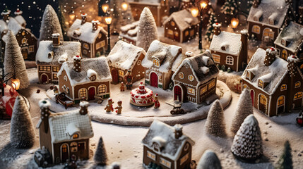 Festive Gingerbread Village Christmas Scene with Snow and Lights