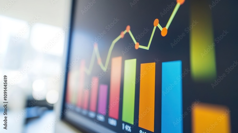 Poster a computer monitor displays a graph with colorful bars