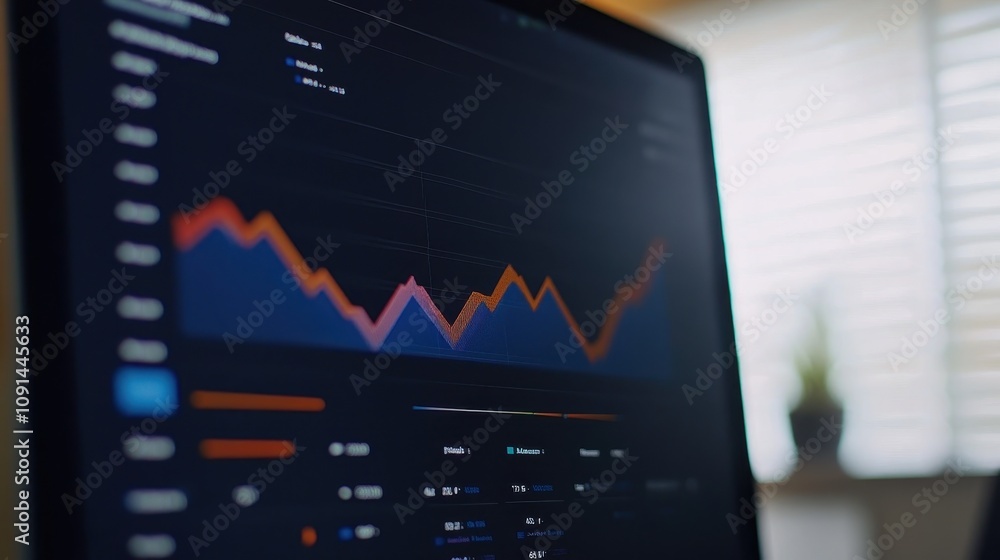 Poster a computer monitor displays a graph with a downward trend