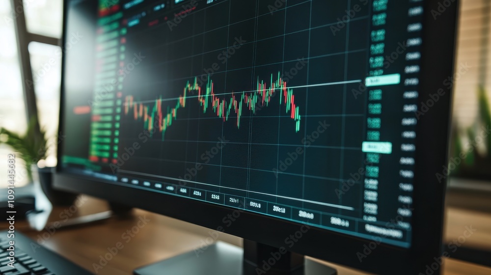 Poster a computer monitor displays a graph of stock prices