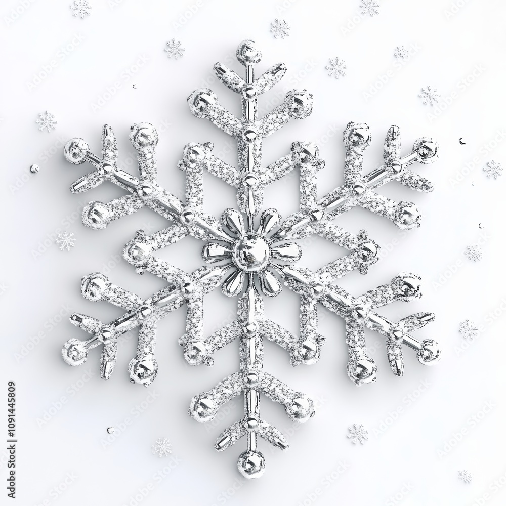 Poster a 3d realistic render of a snowflake ornament with shiny metallic details, isolated on a white backg