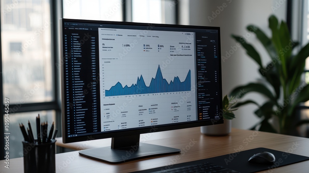 Poster a computer monitor displays a graph with a mountain range in the background