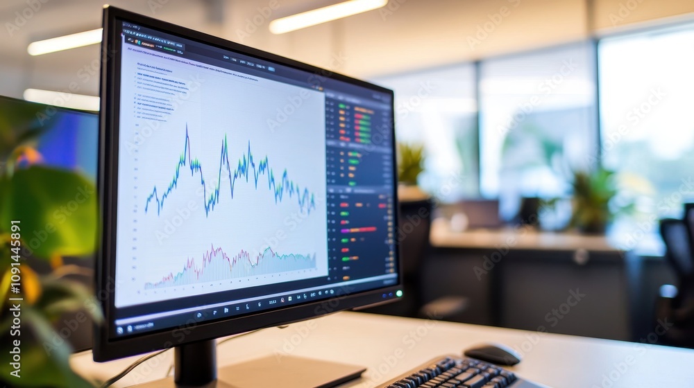 Poster a computer monitor displays a graph of stock prices