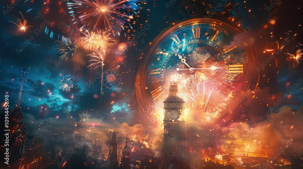 Poster a large clock face with roman numerals is set against a backdrop of a night sky filled with firework