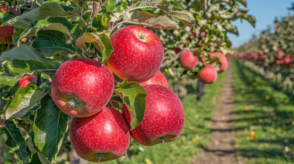Obraz premium Fresh red apples hanging on tree branch in orchard, showcasing vibrant colors and lush green leaves. scene evokes sense of abundance and nature beauty