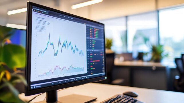 A computer monitor displays a graph of stock prices