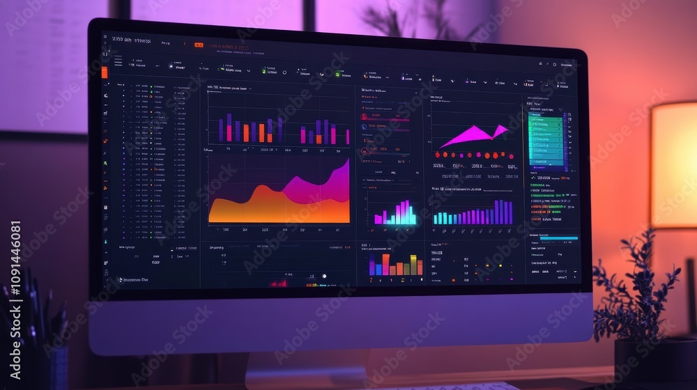 Poster a computer monitor displays a colorful graph with many different lines