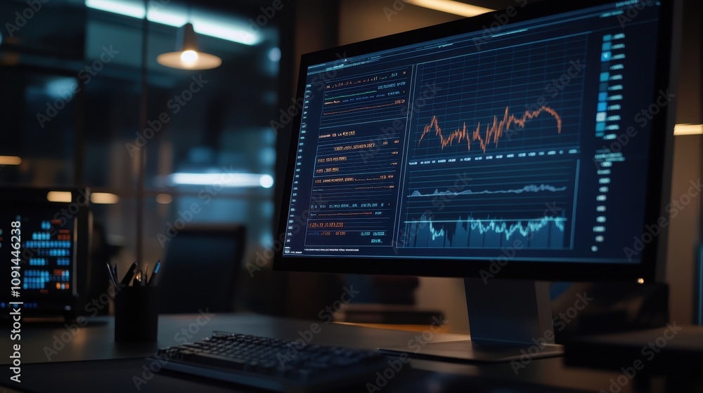Poster a computer monitor displays a graph with a downward trend
