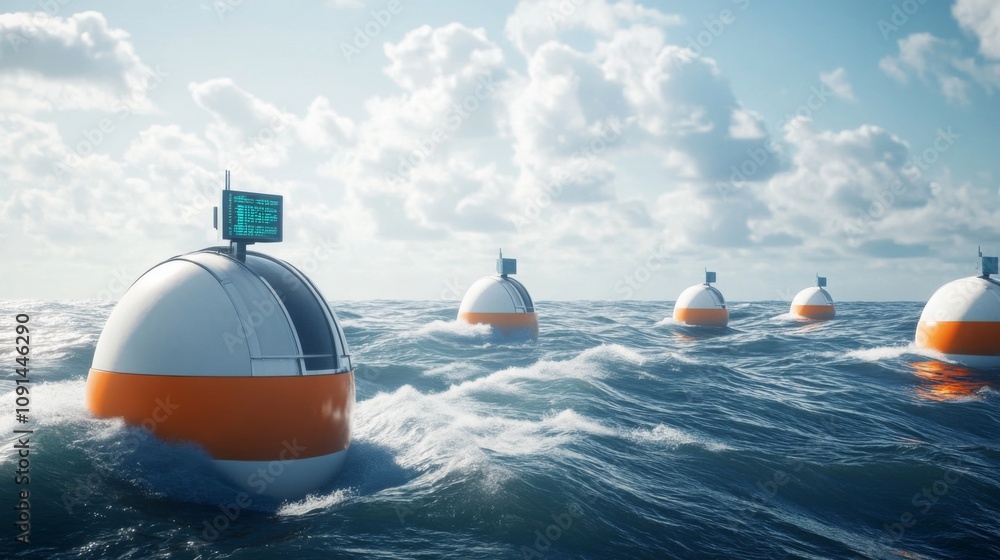 Poster a series of round ocean buoys float in the waves, equipped with digital displays that monitor weathe