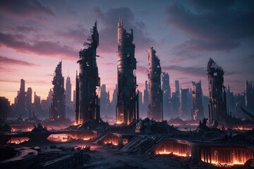 Fototapeta premium Glowing Neon Twilight in a Dystopian Future City Ruin: Immersive Visual Storytelling of a Shattered Skyline