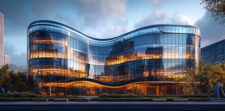 Modern Glass Building Illuminated at Dusk