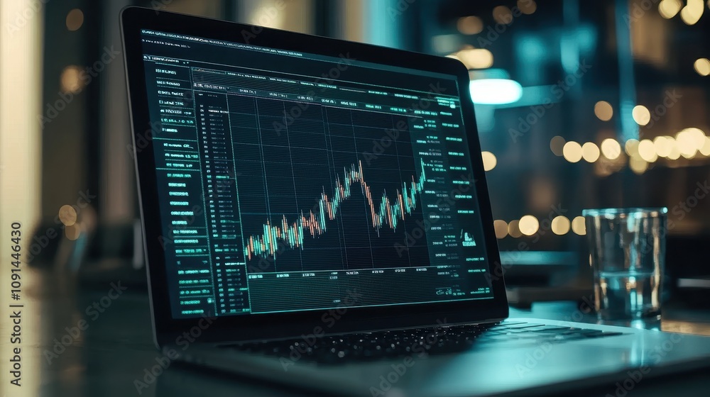 Poster a laptop computer is open to a screen displaying a graph of stock prices