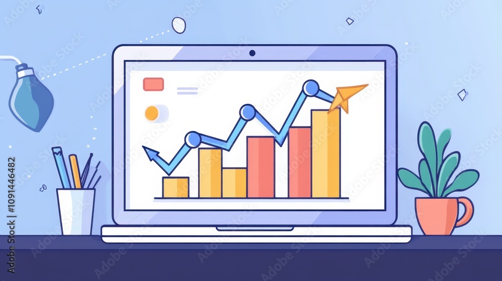 Poster a laptop screen shows a graph with a green arrow pointing upward