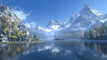 A stunning mountain landscape with a deep blue sky and reflecting water, featuring tall peaks surrounded by dense forests under the warm autumn sun