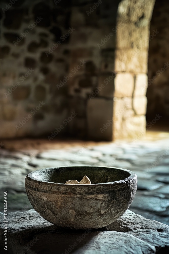 Poster a stone bowl sits atop a stone floor in a rustic setting