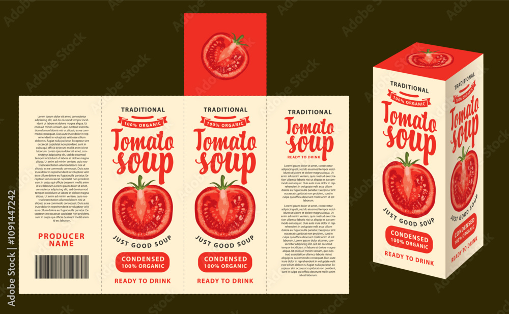 Poster vector mockup template of cardboard packaging box for tomato soup with realistic pattern of half tom