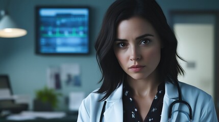 Obraz premium Female Physician Balancing Intensity and Compassion in Hospital