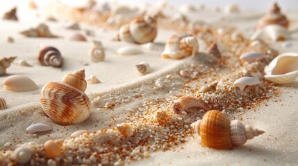 A collection of seashells scattered across the sandy beach, with a serene ocean backdrop
