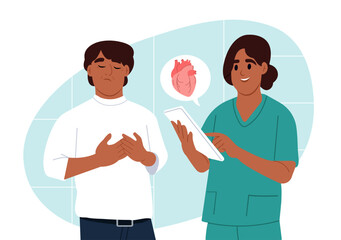 Heart diseases. Complaints of the patient about pain in the chest. Treatment and diagnosis of cardiovascular diseases. A cardiologist is talking to a patient. Vector flat illustration.