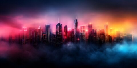 Fototapeta premium Futuristic metropolis at night: A city immersed in the dark shades of Future Dusk, neon lights illuminate the streets, tall skyscrapers with glass facades, robots and drones patrol the streets.